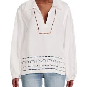 WOMEN'S ABEL EYELET EMBROIDERY LINEN BLEND TOP IN WHITE